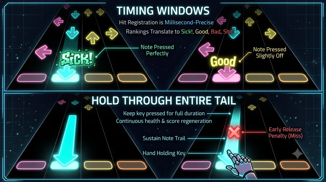Timing windows and sustain-note behavior concept diagram